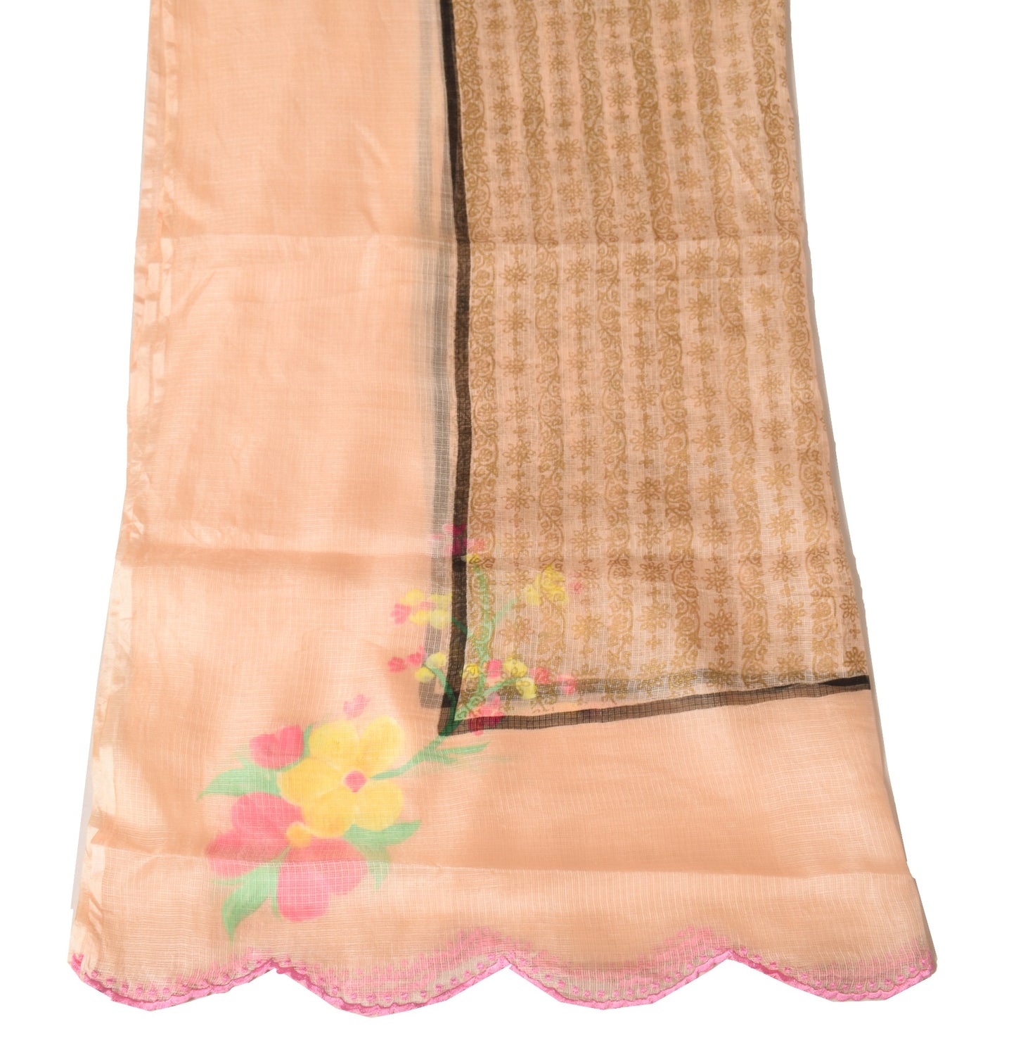 Sushila Vintage Floral Peach Dupatta Hand Print Pure Kota Doria Silk Long Stole