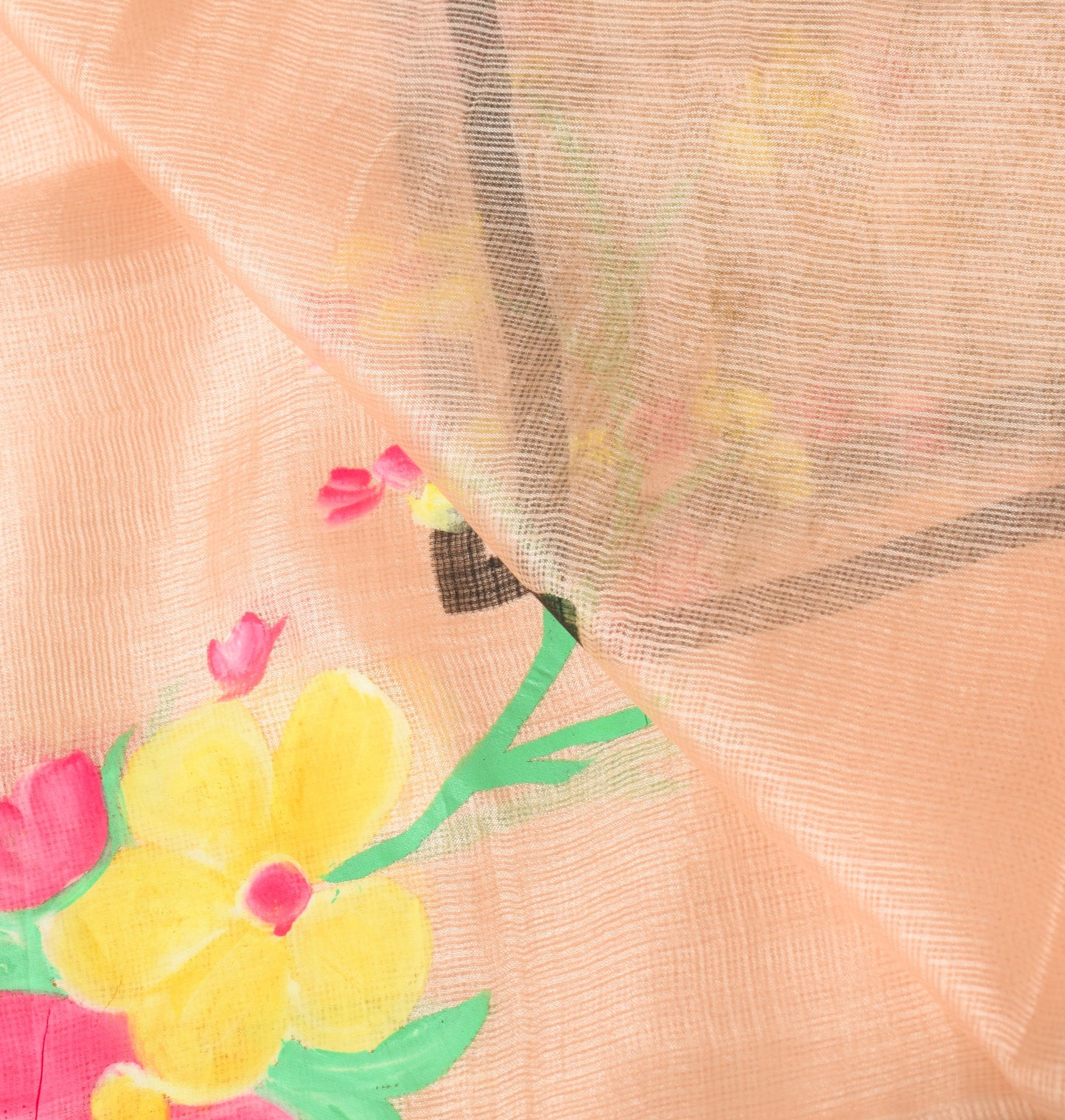 Sushila Vintage Floral Peach Dupatta Hand Print Pure Kota Doria Silk Long Stole