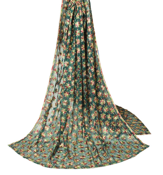 Sushila Vintage Bottle Green Dupatta Art Chiffon Bagh Phulkari Floral Long Stole