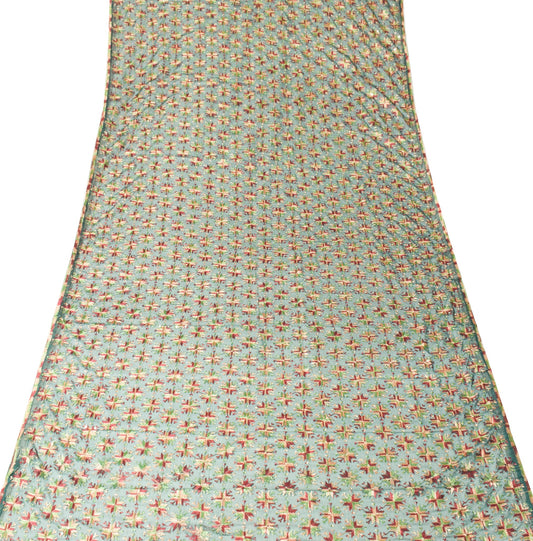 Sushila Vintage Bottle Green Dupatta Art Chiffon Bagh Phulkari Floral Long Stole