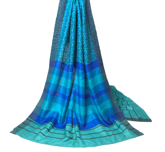 Sushila Vintage Pure Woolen Dupatta Aqua Green Paisley Printed Soft Long Stole