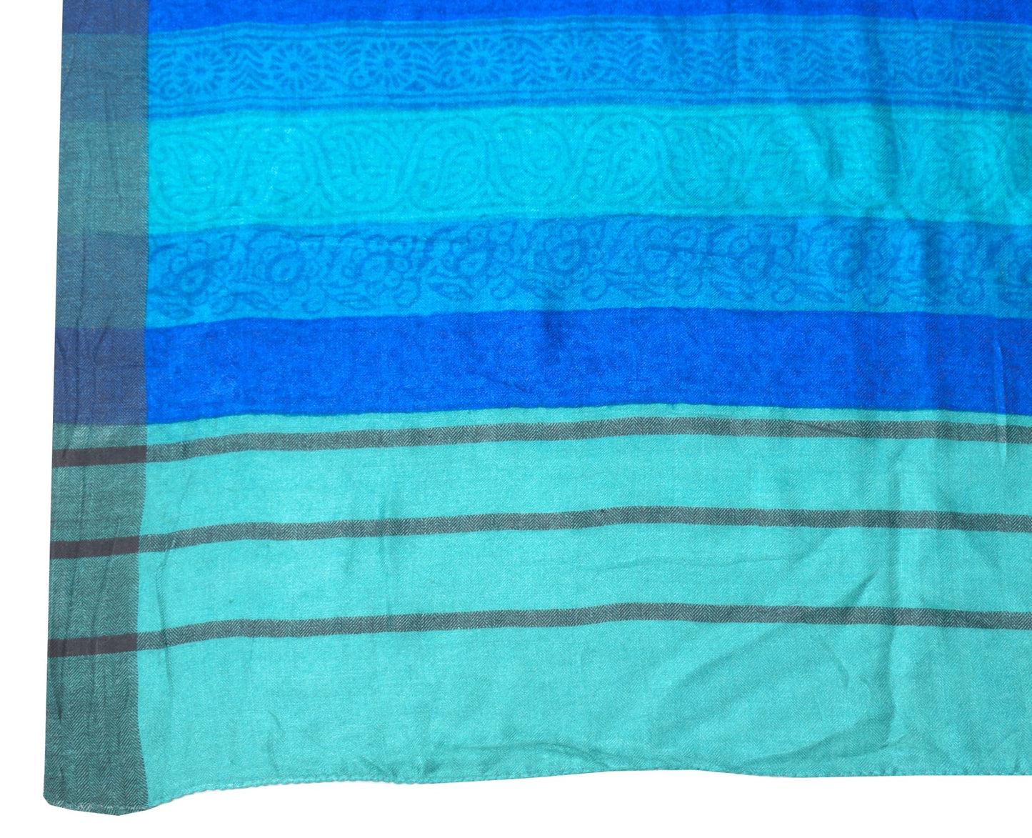 Sushila Vintage Pure Woolen Dupatta Aqua Green Paisley Printed Soft Long Stole