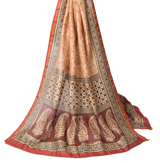 Sushila Vintage Hand Block Printed Dupatta Light Brown Pure Cotton Long Stole