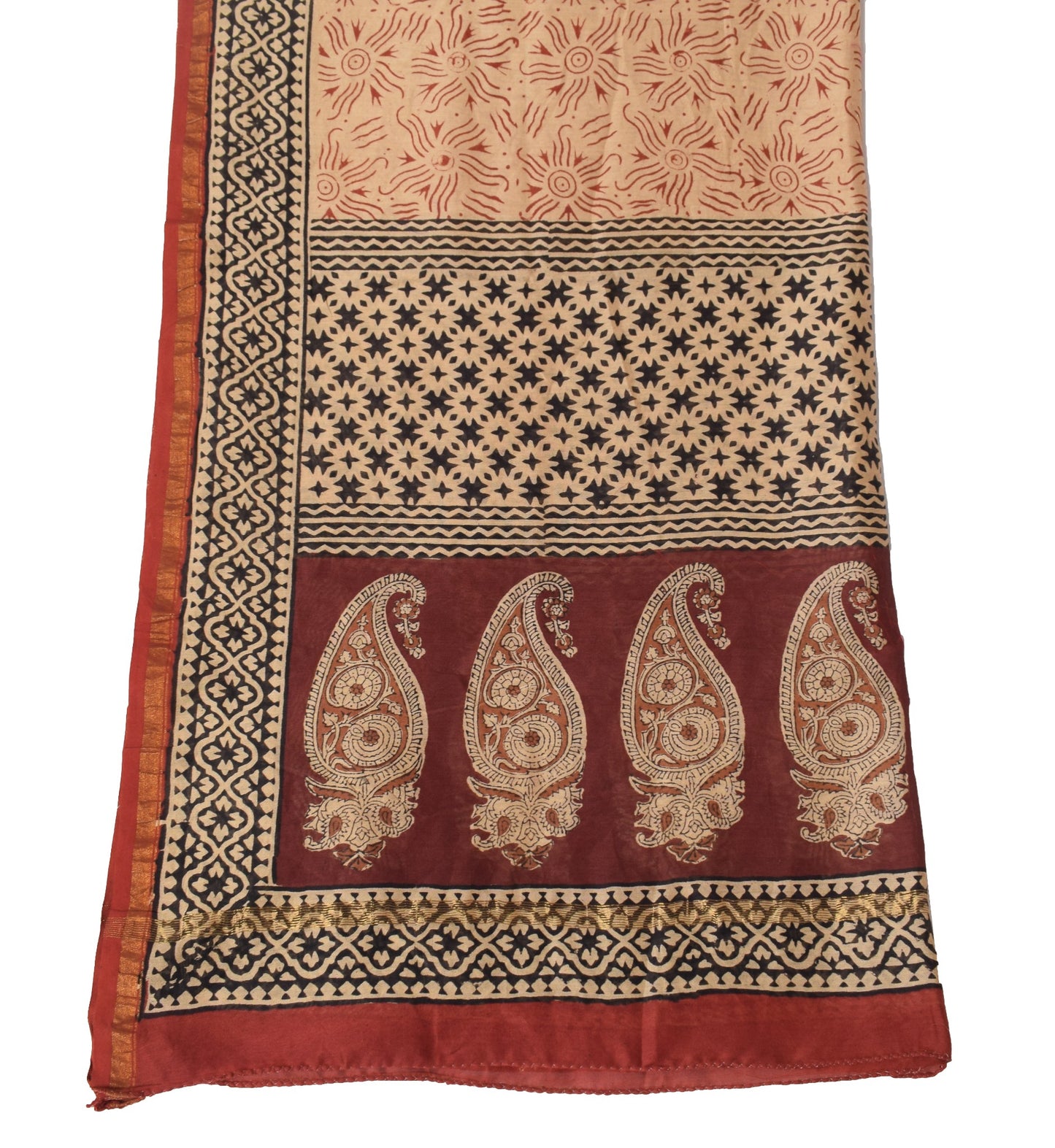 Sushila Vintage Hand Block Printed Dupatta Light Brown Pure Cotton Long Stole