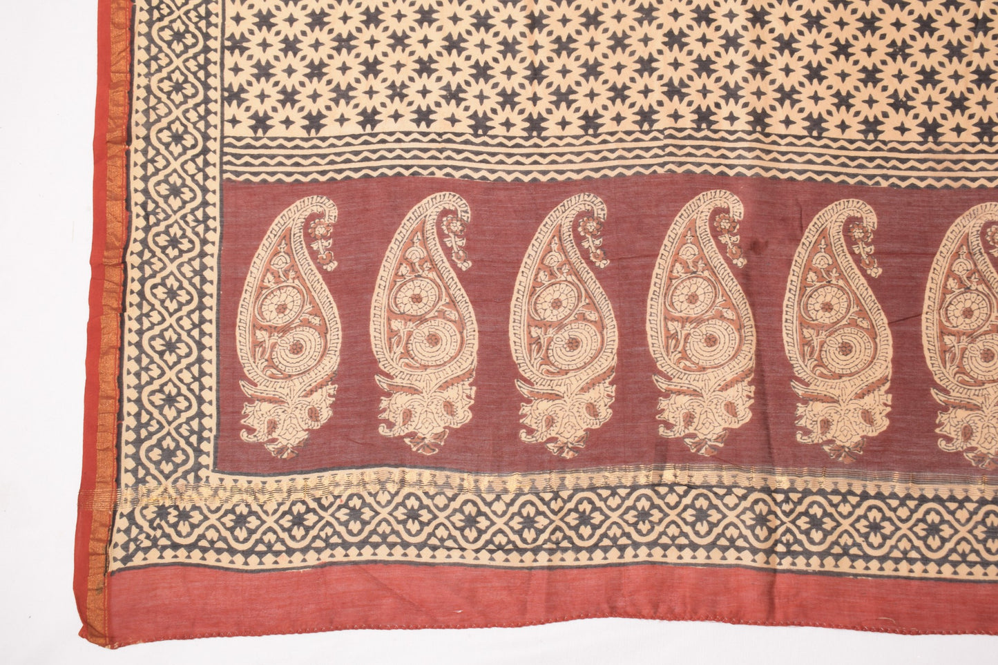 Sushila Vintage Hand Block Printed Dupatta Light Brown Pure Cotton Long Stole