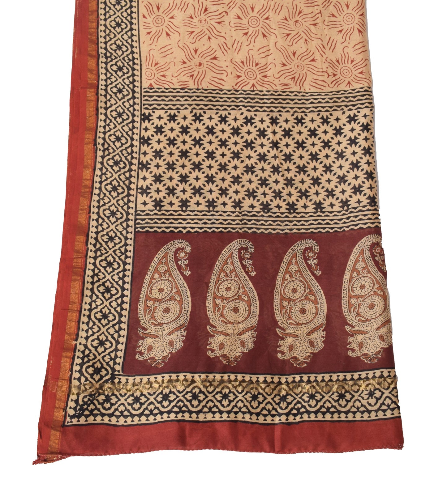 Sushila Vintage Hand Block Printed Dupatta Light Brown Pure Cotton Long Stole