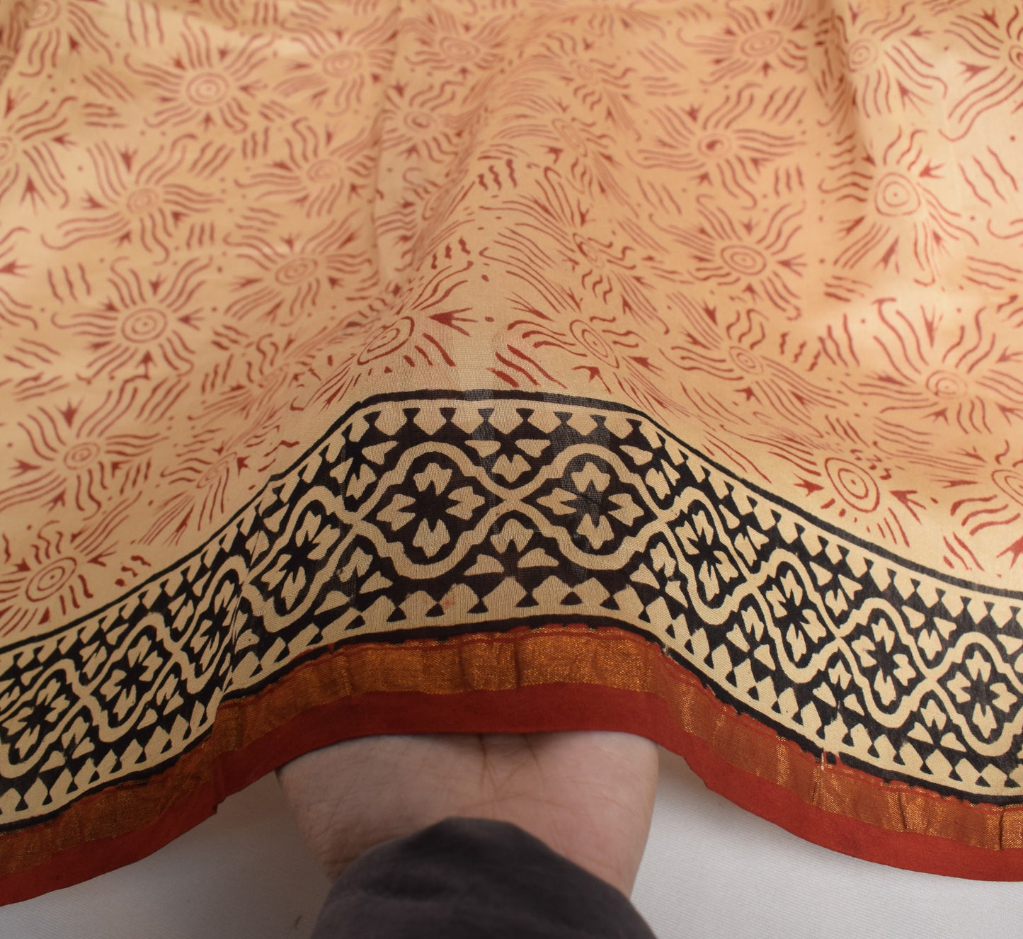 Sushila Vintage Hand Block Printed Dupatta Light Brown Pure Cotton Long Stole