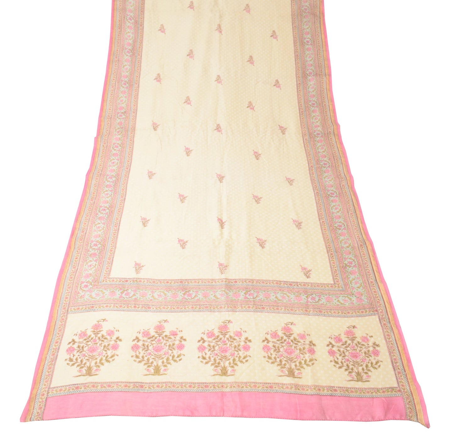 Sushila Vintage Cream Dupatta Pure Cotton Silk Floral Hand Block Long Stole Wrap