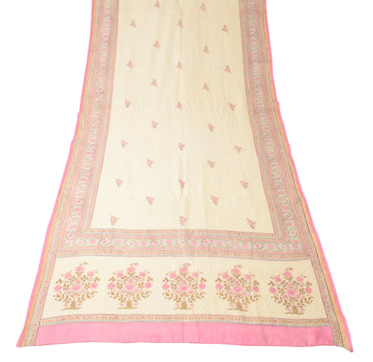Sushila Vintage Cream Dupatta Pure Cotton Silk Floral Hand Block Long Stole Wrap