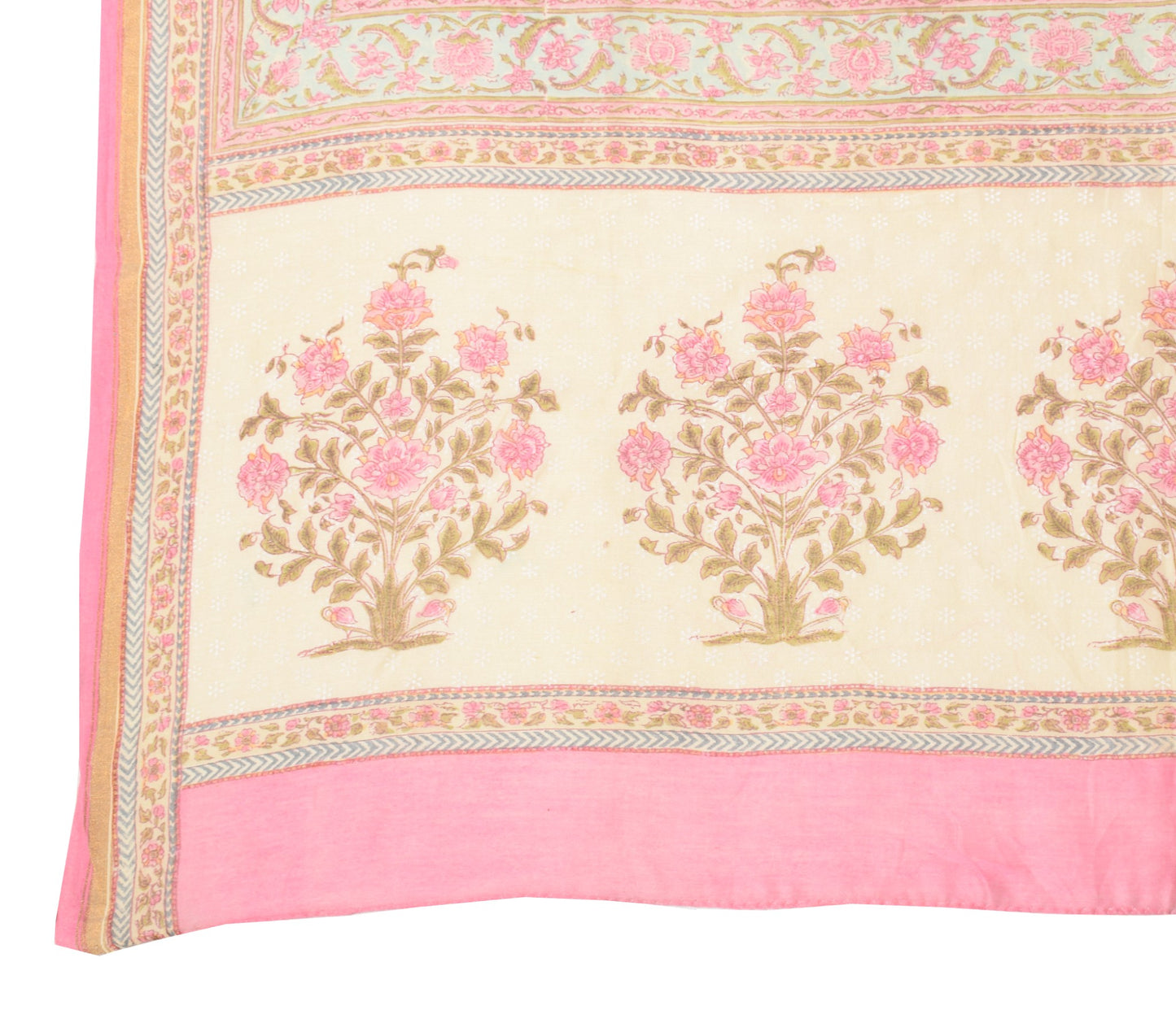 Sushila Vintage Cream Dupatta Pure Cotton Silk Floral Hand Block Long Stole Wrap