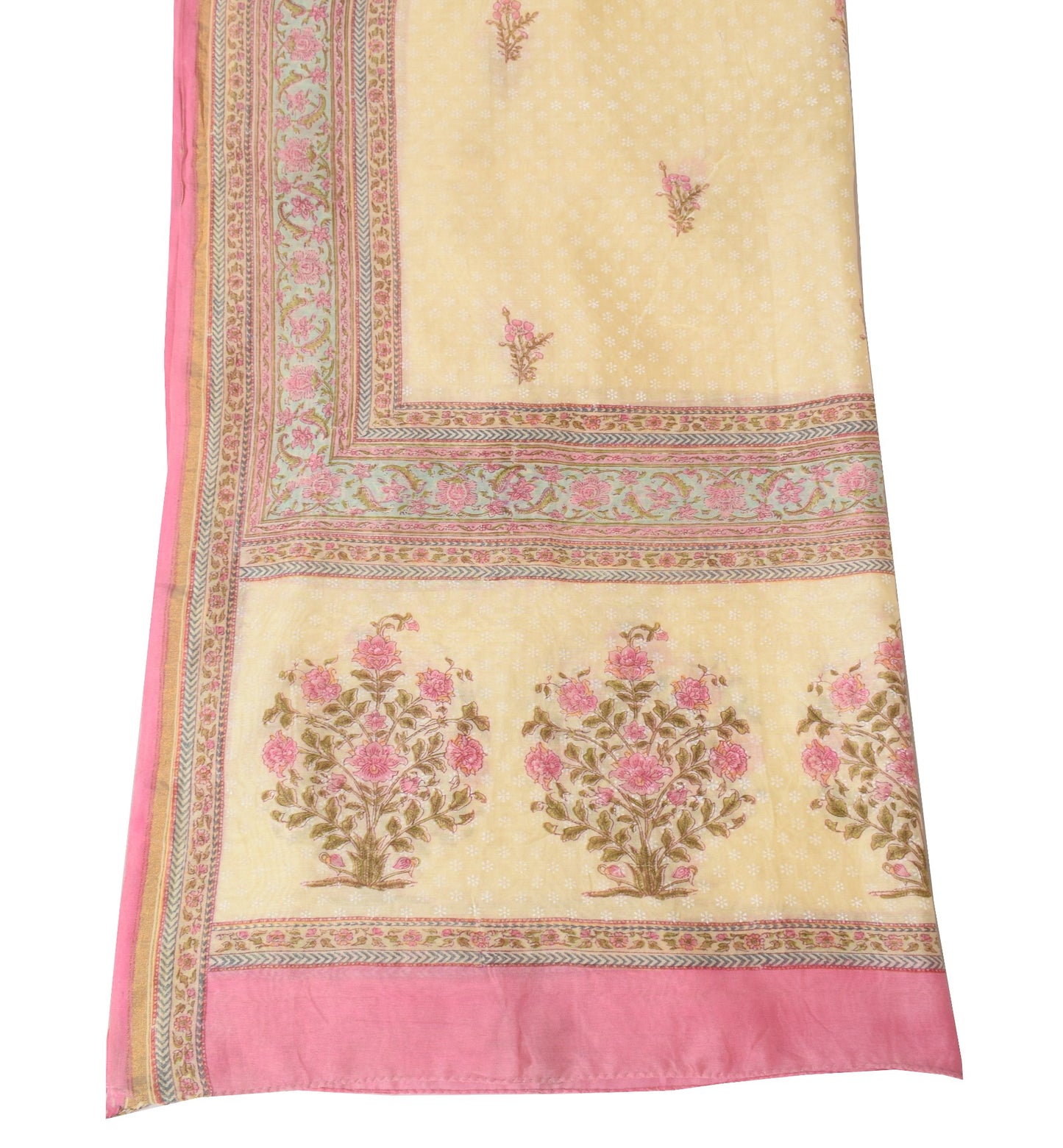 Sushila Vintage Cream Dupatta Pure Cotton Silk Floral Hand Block Long Stole Wrap