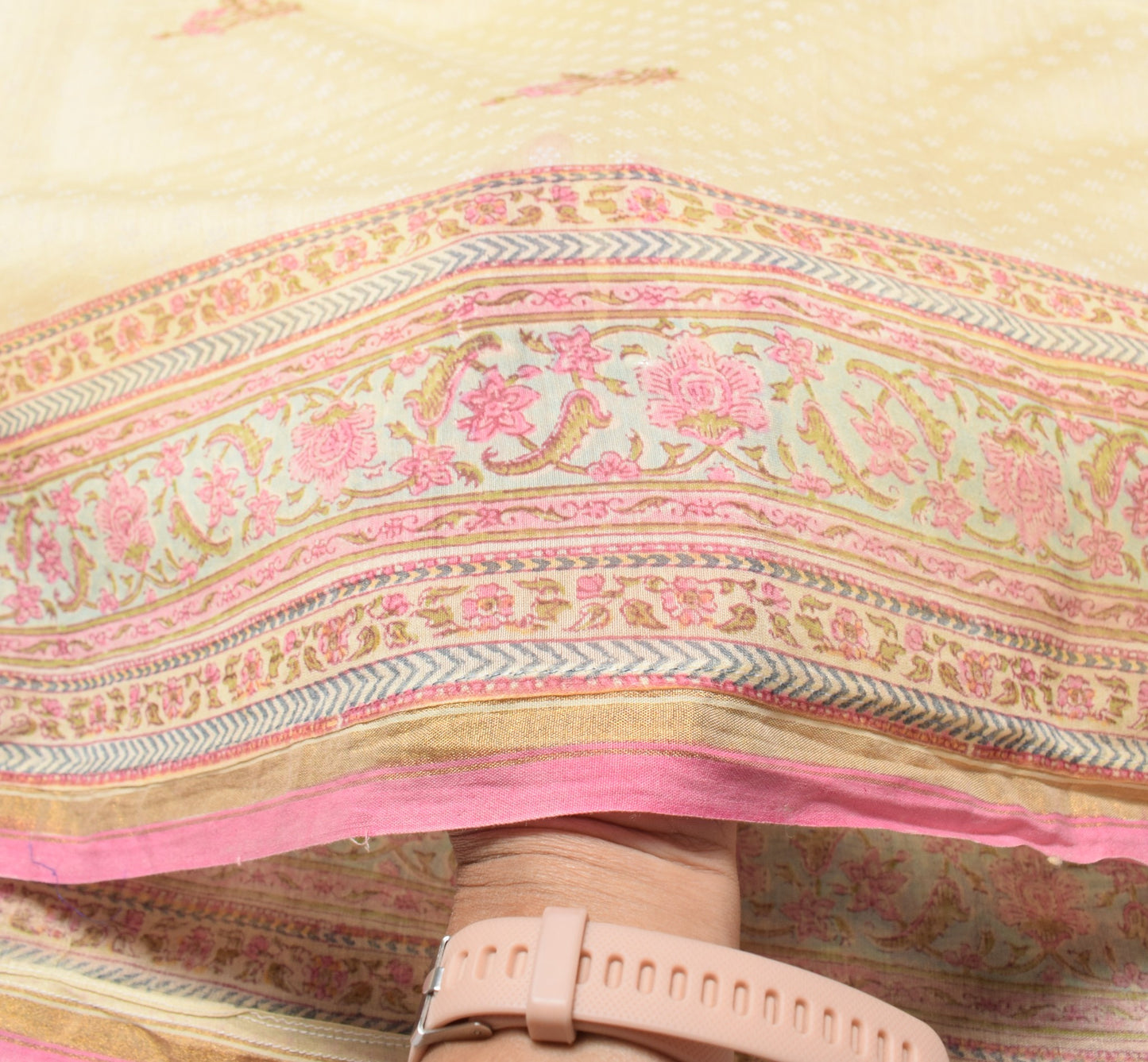 Sushila Vintage Cream Dupatta Pure Cotton Silk Floral Hand Block Long Stole Wrap