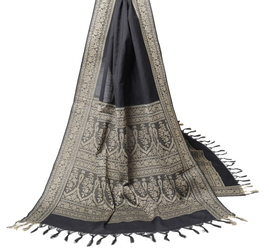 Sushila Vintage Black Dupatta Art Cotton Floral Woven Floral Long Stole Hijab