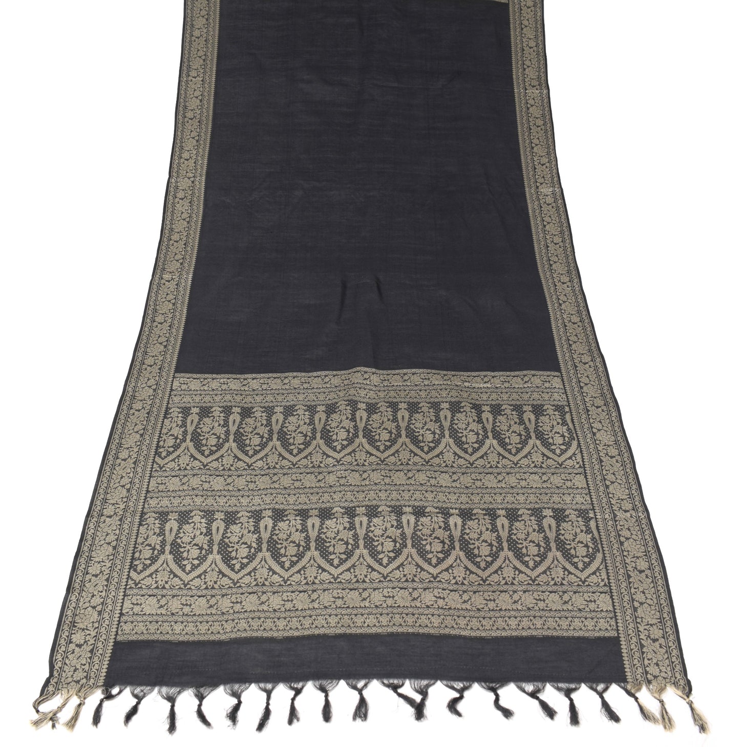 Sushila Vintage Black Dupatta Art Cotton Floral Woven Floral Long Stole Hijab