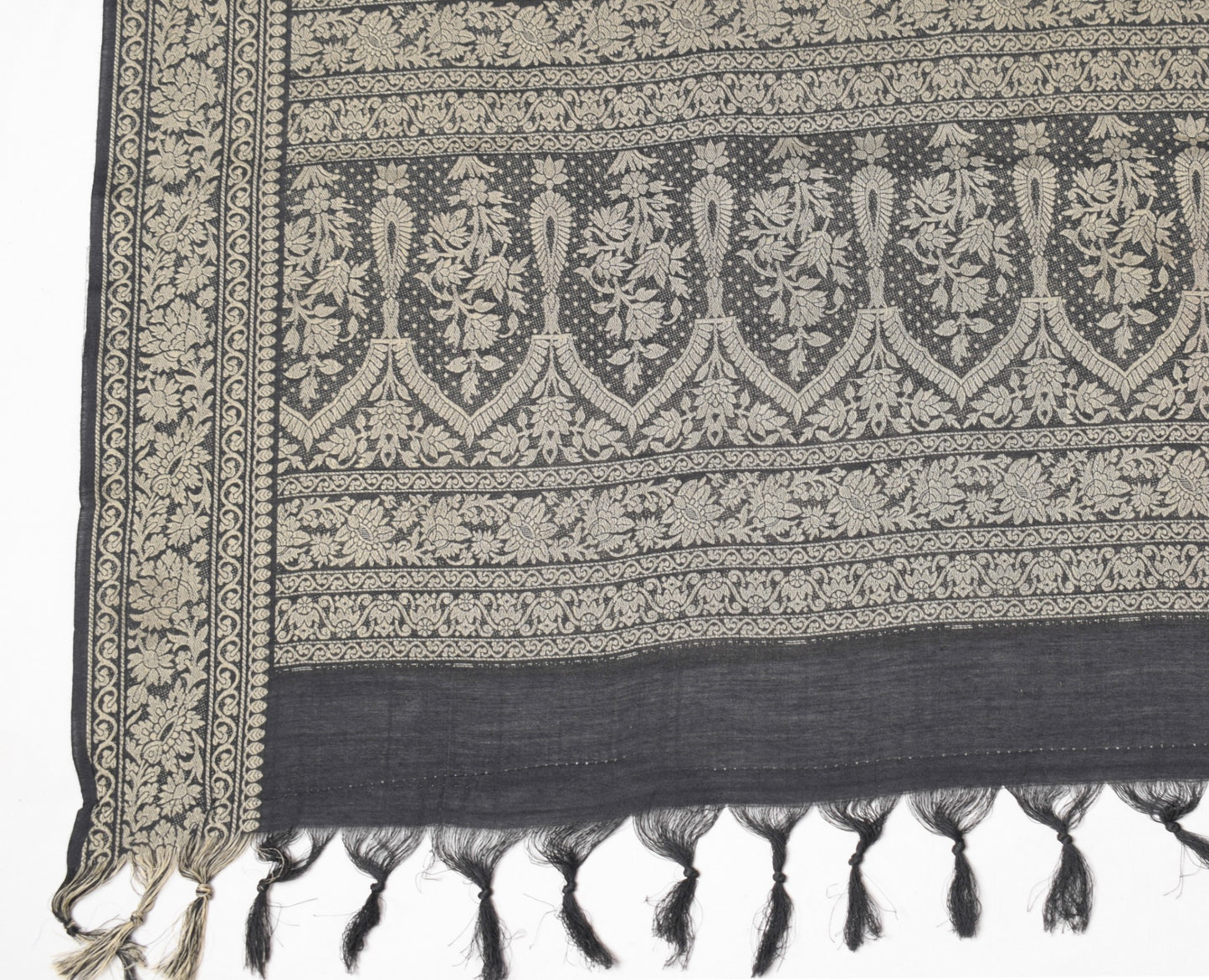 Sushila Vintage Black Dupatta Art Cotton Floral Woven Floral Long Stole Hijab