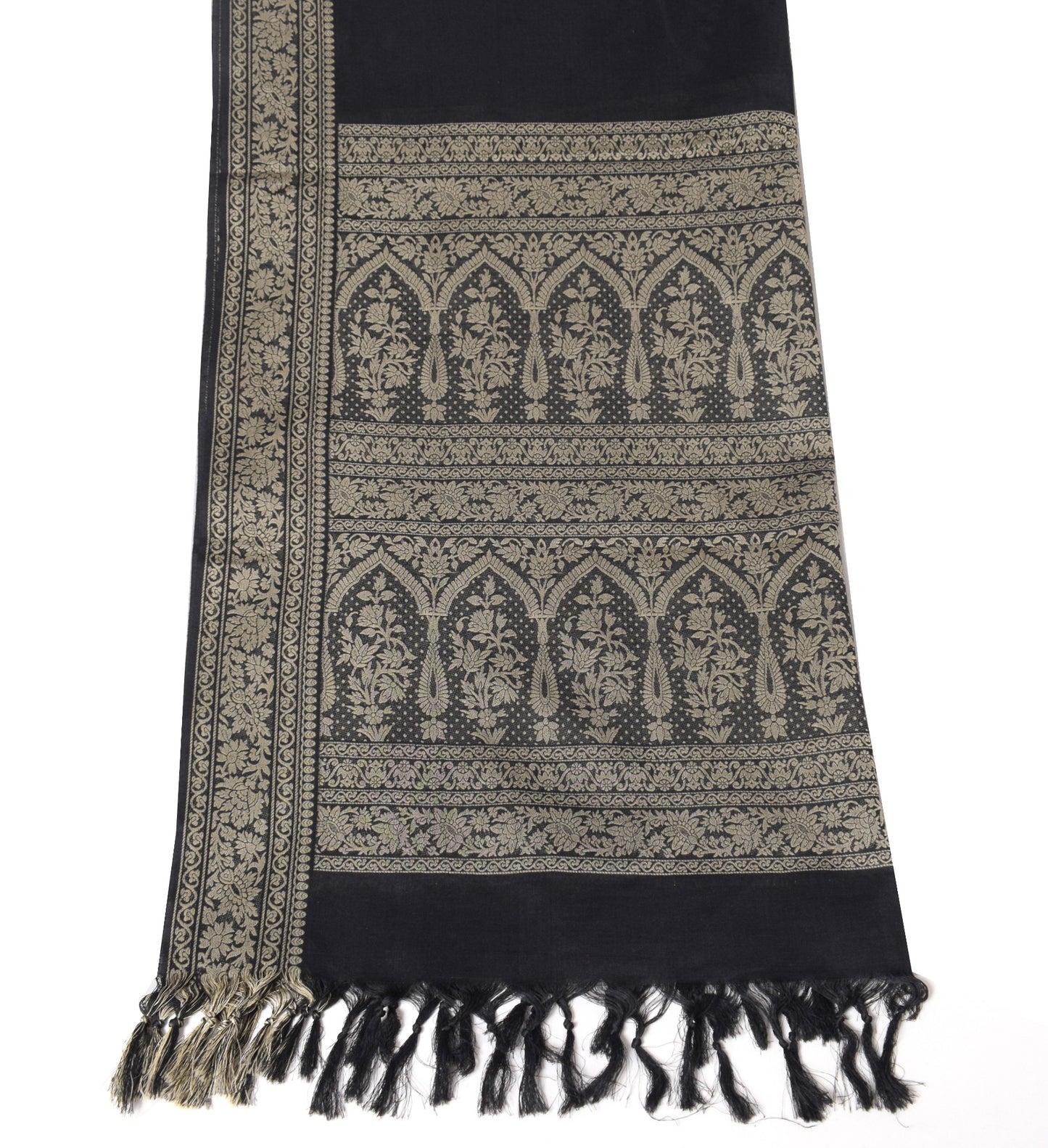 Sushila Vintage Black Dupatta Art Cotton Floral Woven Floral Long Stole Hijab