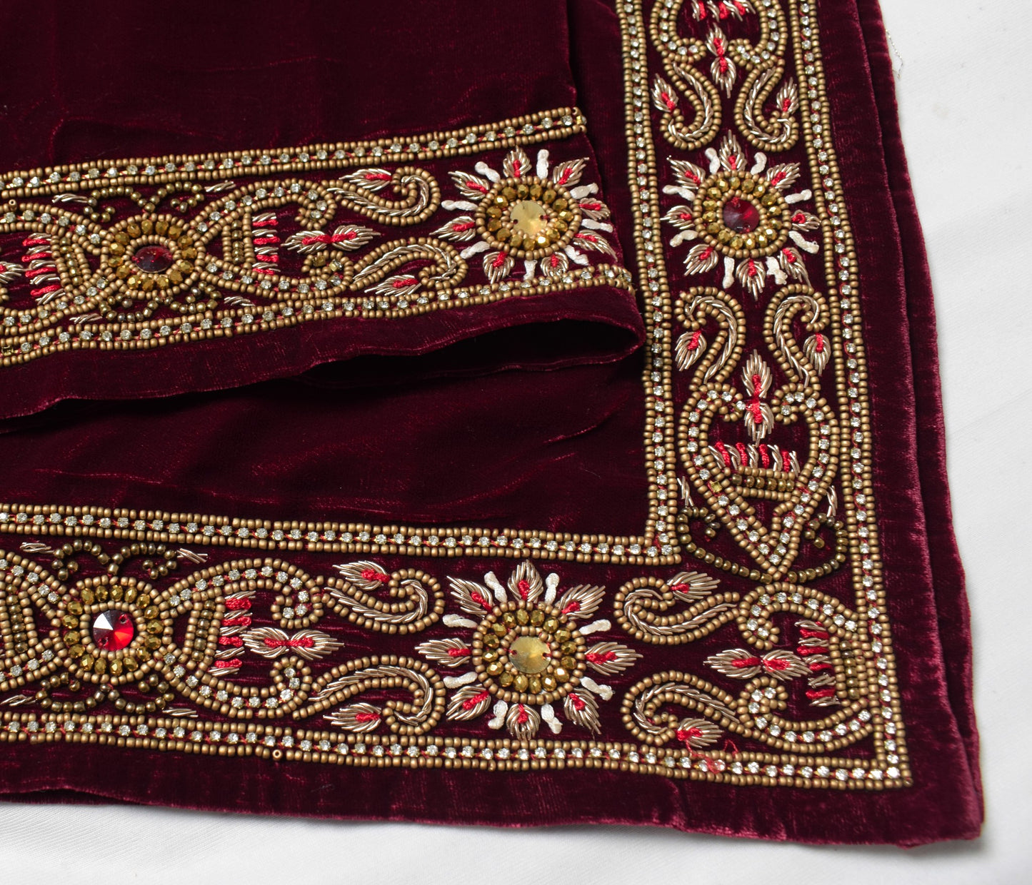 Sushila Vintage Maroon Velvet Heavy Dupatta Beads Embellish Handmade Long Stole