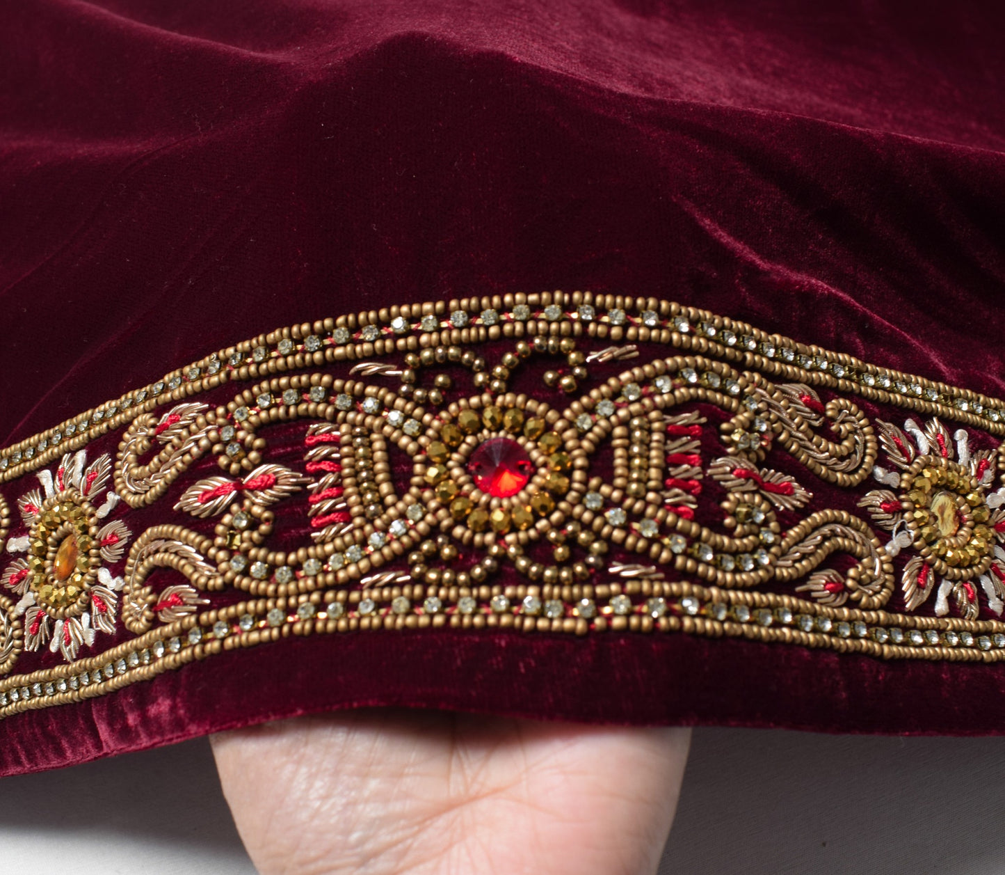 Sushila Vintage Maroon Velvet Heavy Dupatta Beads Embellish Handmade Long Stole