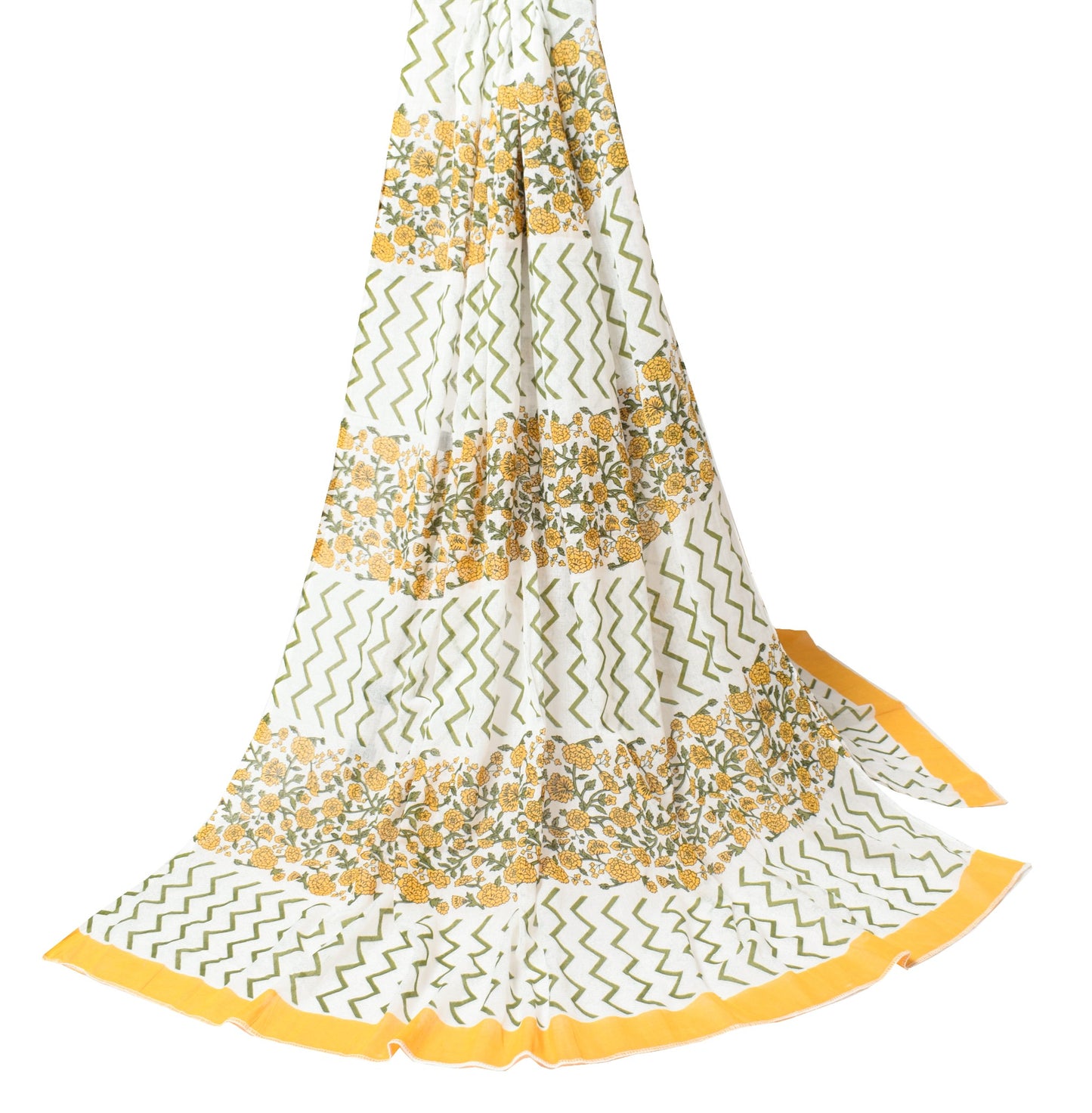 Sushila Vintage White Dupatta Pure Cotton Printed Zig-Zag & Floral Long Stole