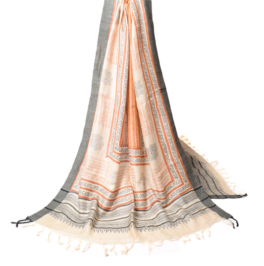 Sushila Vintage Cream Brown Dupatta Pure Woolen Hand Block Printed Long Stole