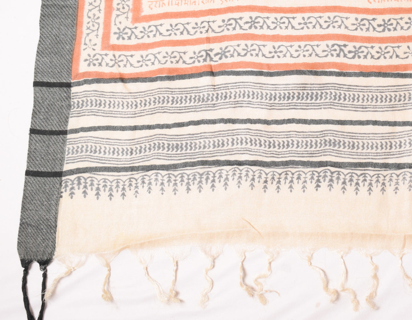 Sushila Vintage Cream Brown Dupatta Pure Woolen Hand Block Printed Long Stole