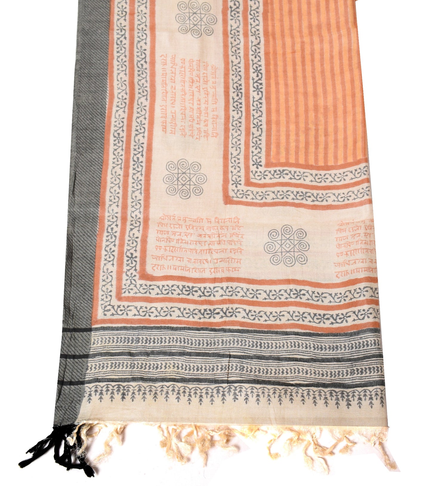 Sushila Vintage Cream Brown Dupatta Pure Woolen Hand Block Printed Long Stole