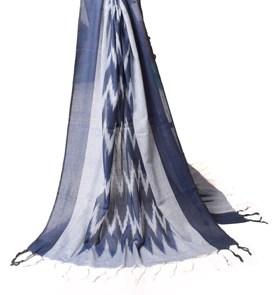 Sushila Vintage Hand Woven Dupatta 100%Pure Cotton Zig-Zag Ikat Blue Long Stole