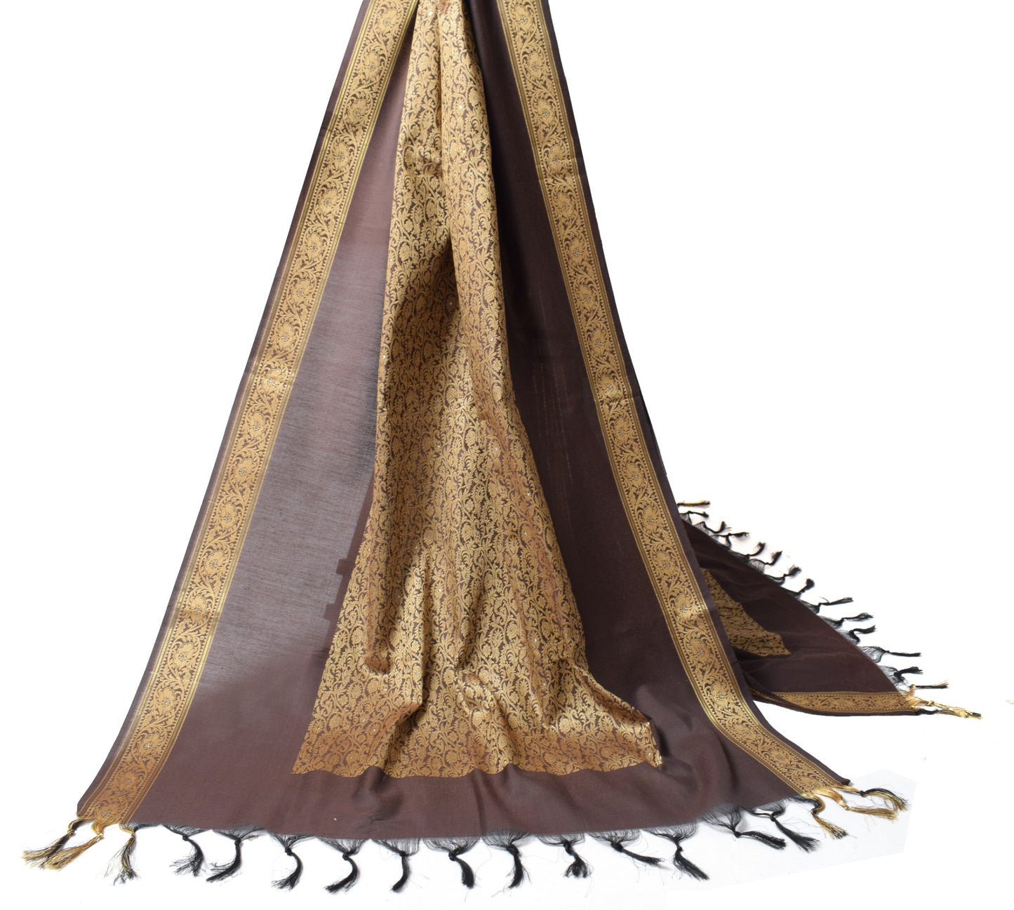 Sushila Vintage Dark Brown Dupatta Art Cotton Silk Floral Woven Long Stole Wrap