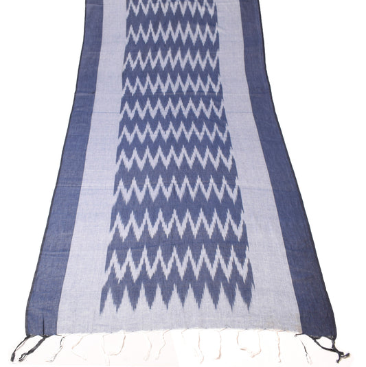 Sushila Vintage Hand Woven Dupatta 100%Pure Cotton Zig-Zag Ikat Blue Long Stole