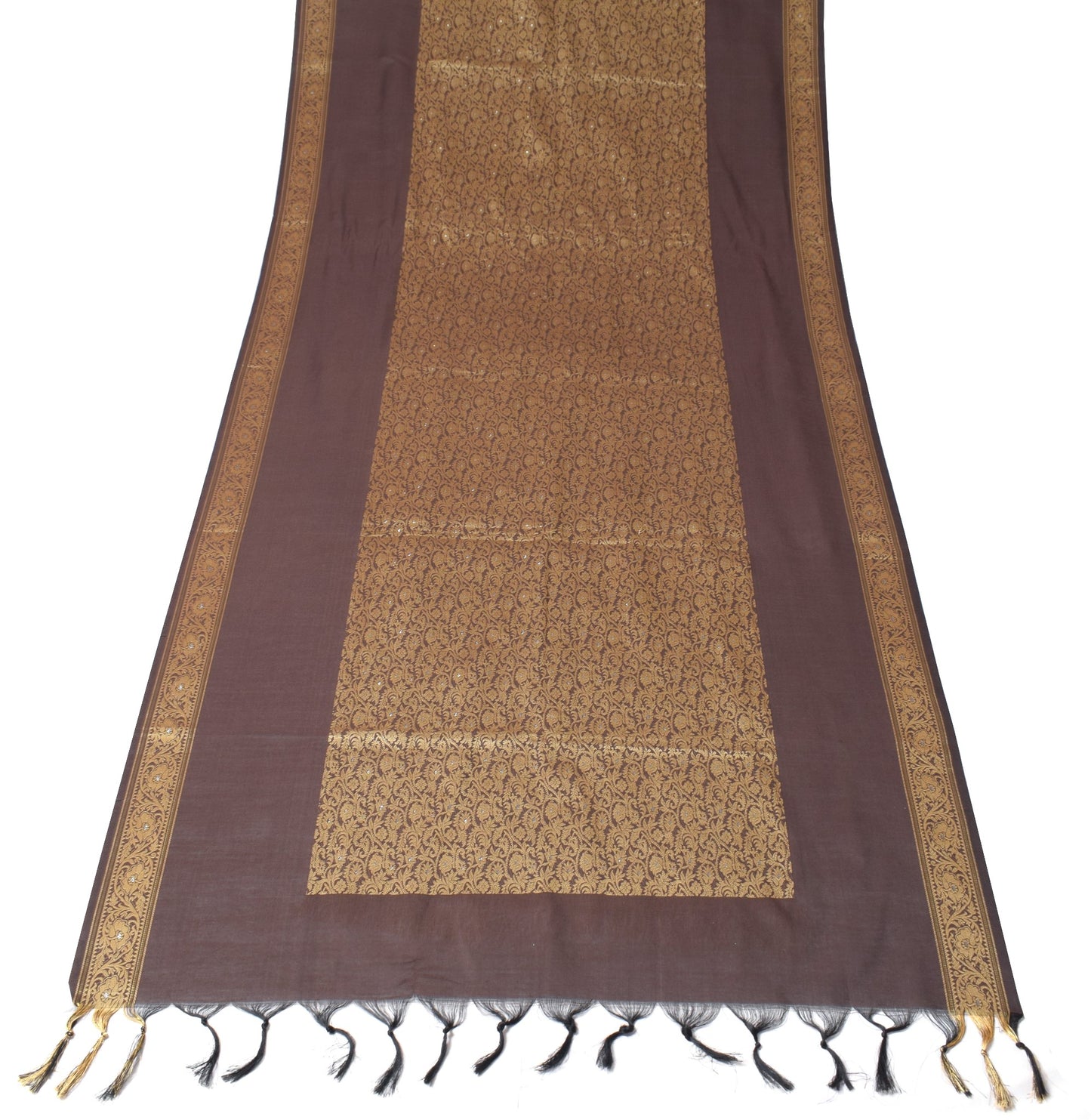 Sushila Vintage Dark Brown Dupatta Art Cotton Silk Floral Woven Long Stole Wrap