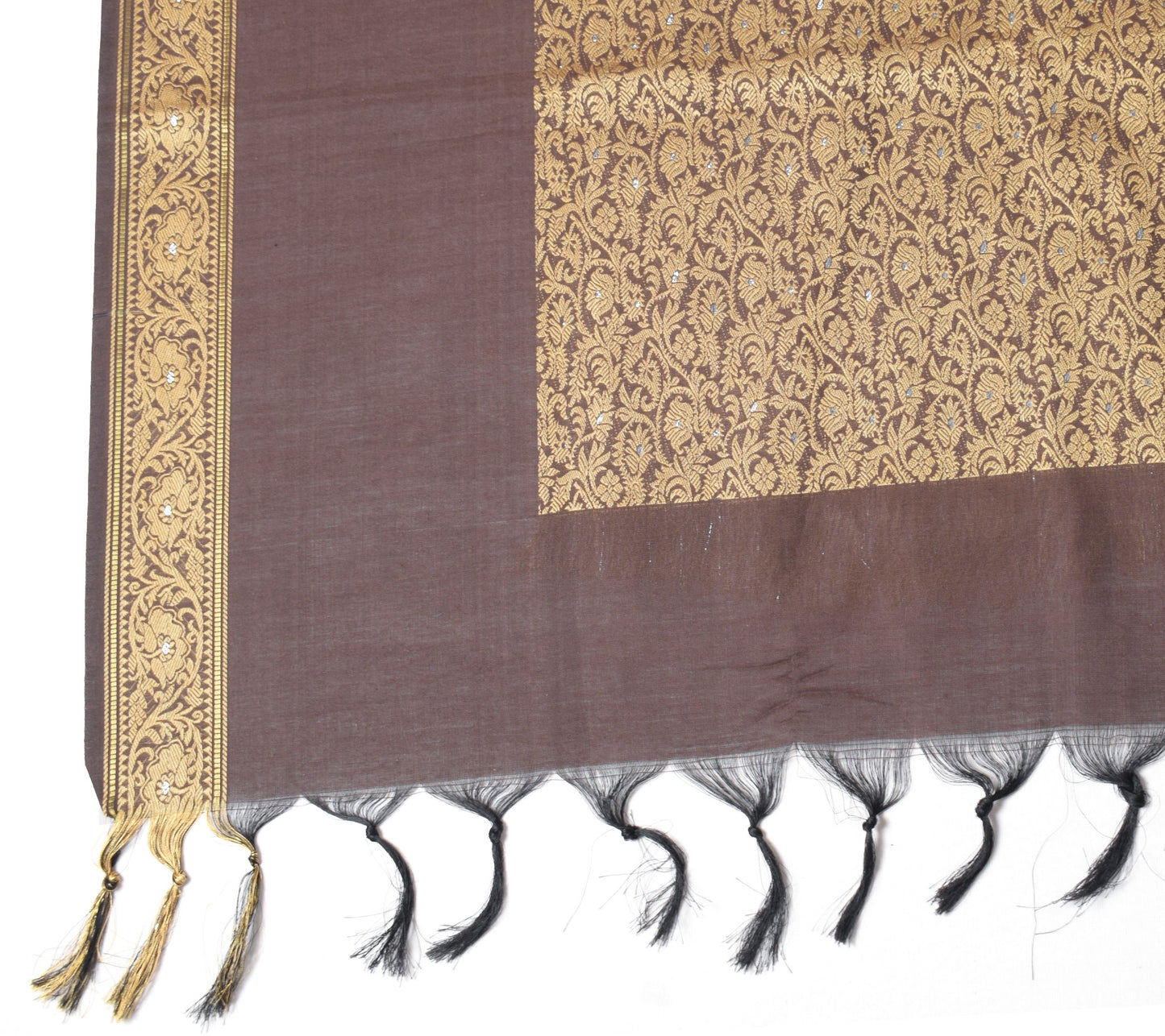 Sushila Vintage Dark Brown Dupatta Art Cotton Silk Floral Woven Long Stole Wrap