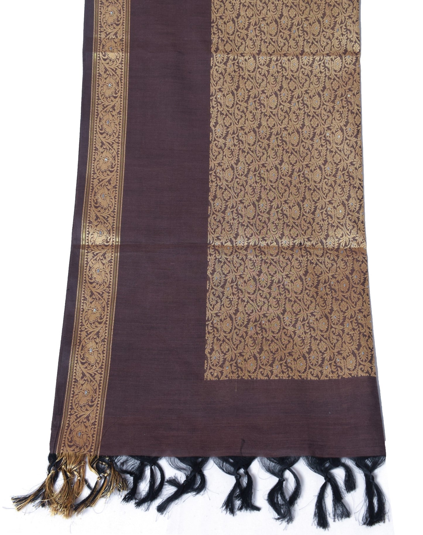 Sushila Vintage Dark Brown Dupatta Art Cotton Silk Floral Woven Long Stole Wrap