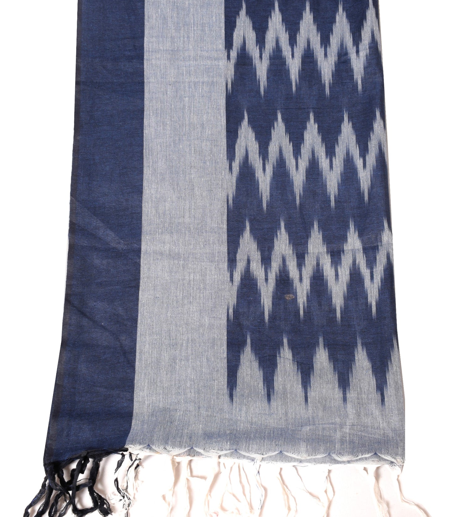 Sushila Vintage Hand Woven Dupatta 100%Pure Cotton Zig-Zag Ikat Blue Long Stole