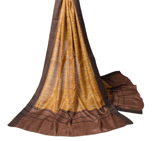 Sushila Vintage Pure Woolen Dupatta Brown Yellow Paisley Printed Long Stole