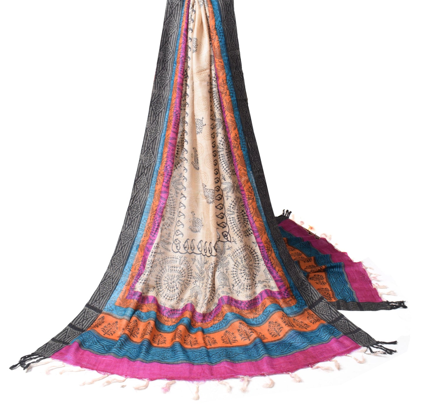 Sushila Vintage Beige Dupatta Warli Printed Pure Woolen Soft Long Stole Shawl