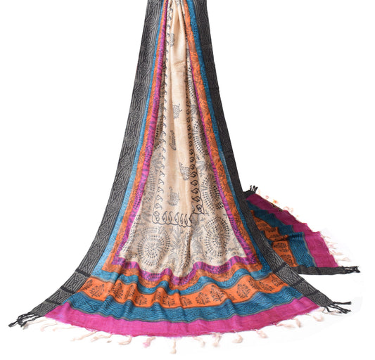 Sushila Vintage Beige Dupatta Warli Printed Pure Woolen Soft Long Stole Shawl