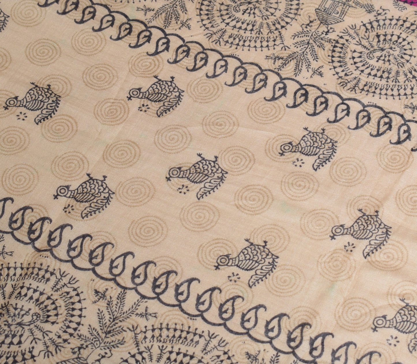 Sushila Vintage Beige Dupatta Warli Printed Pure Woolen Soft Long Stole Shawl