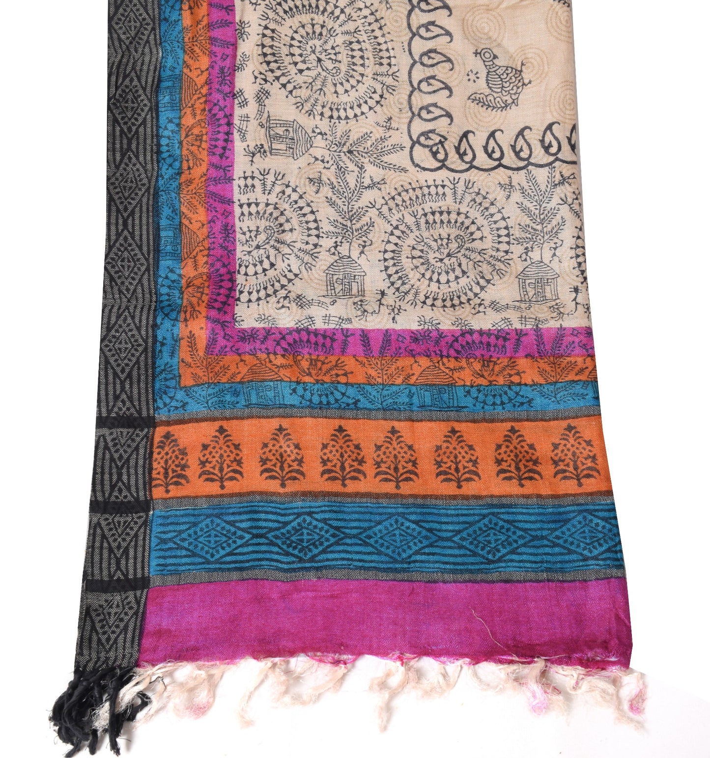 Sushila Vintage Beige Dupatta Warli Printed Pure Woolen Soft Long Stole Shawl