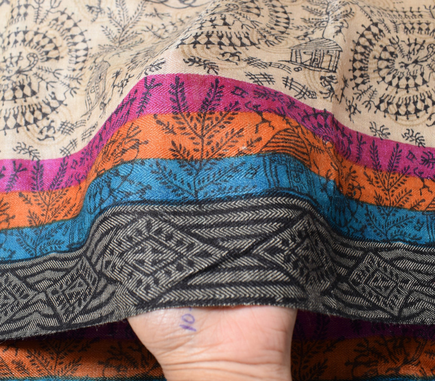 Sushila Vintage Beige Dupatta Warli Printed Pure Woolen Soft Long Stole Shawl