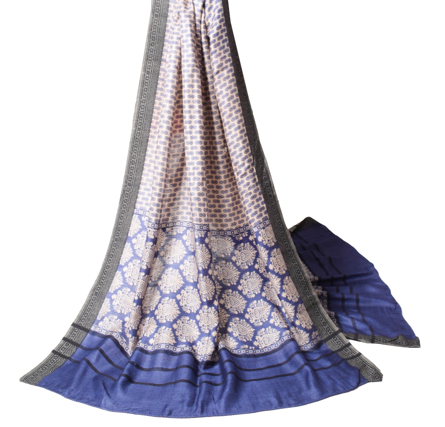 Sushila Vintage Cream Blue Dupatta Pure Woolen Printed & Woven Soft Long Stole
