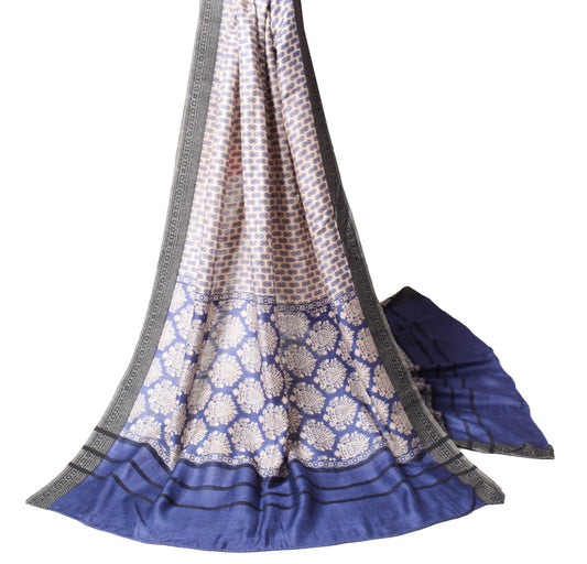 Sushila Vintage Cream Blue Dupatta Pure Woolen Printed & Woven Soft Long Stole