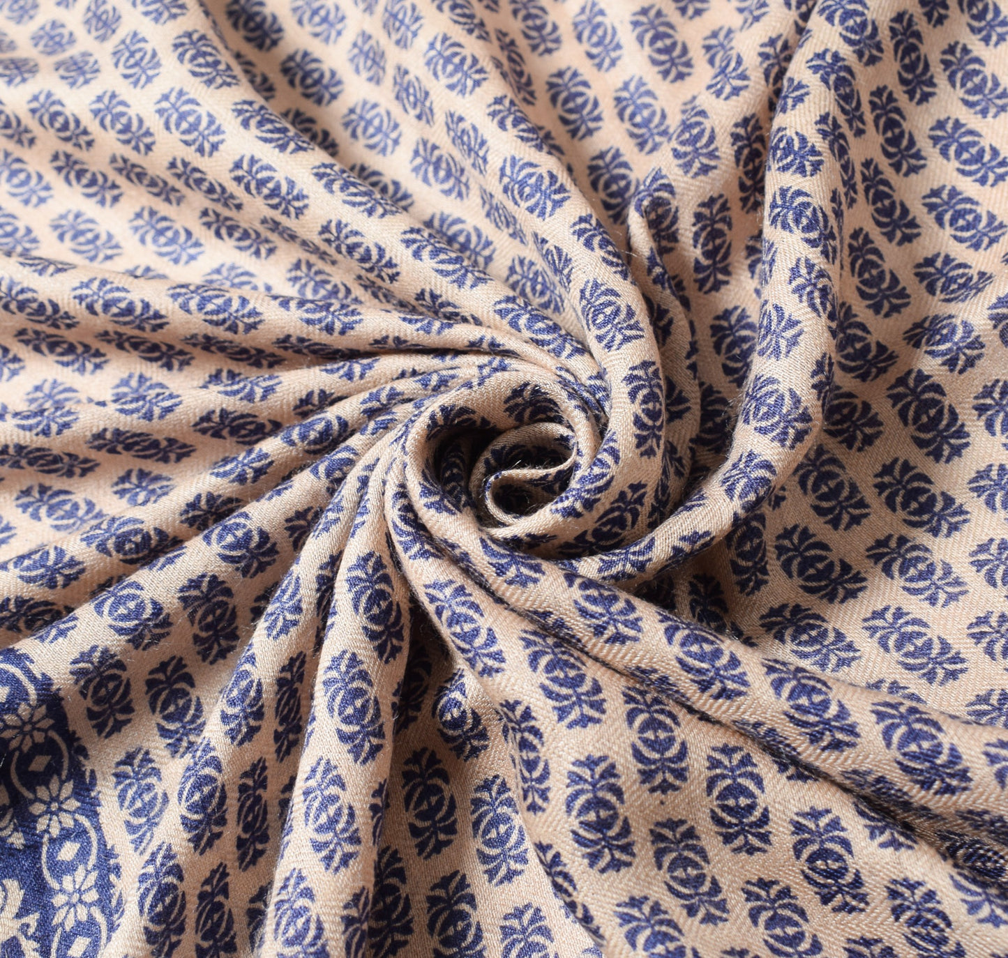 Sushila Vintage Cream Blue Dupatta Pure Woolen Printed & Woven Soft Long Stole