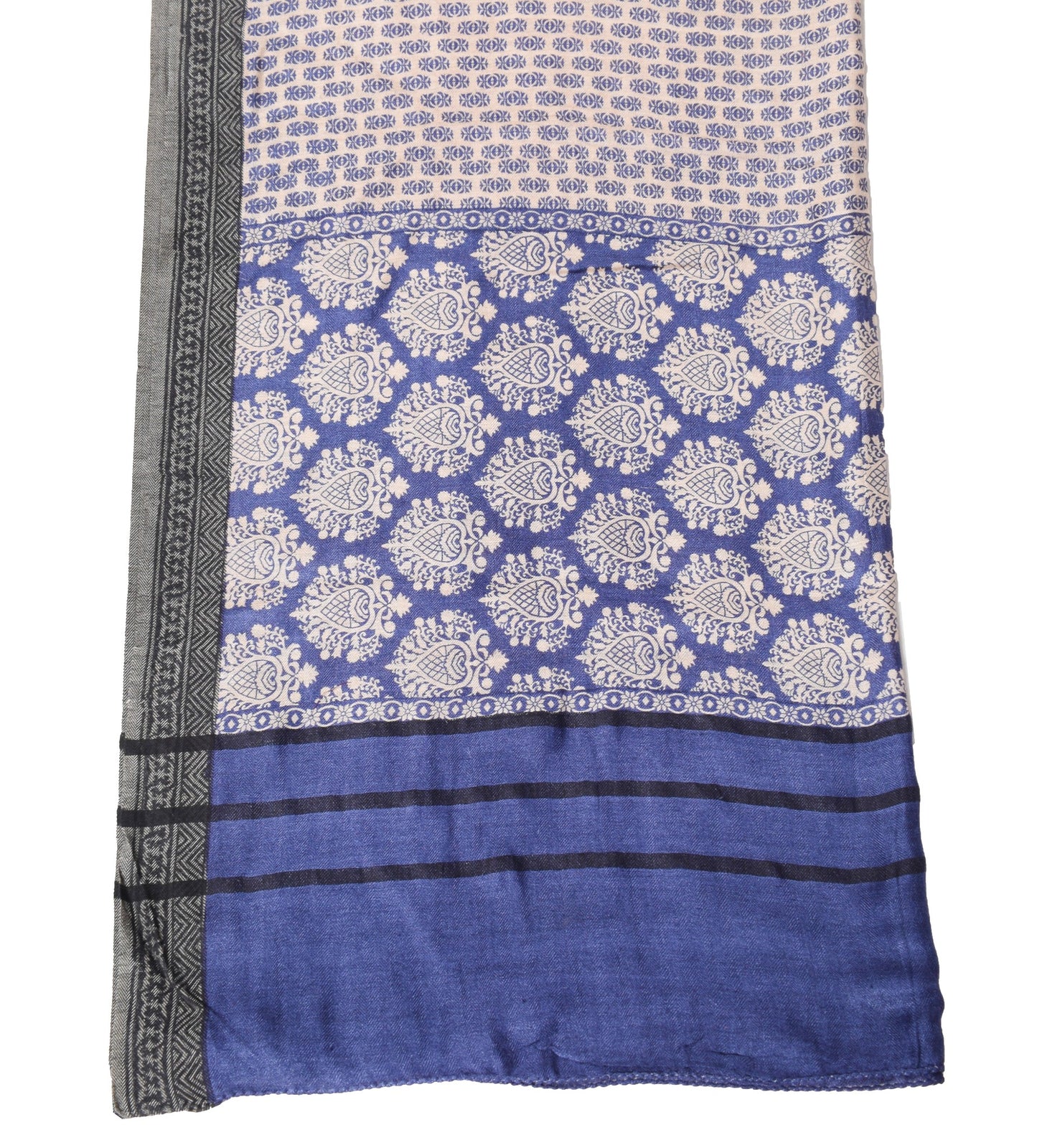 Sushila Vintage Cream Blue Dupatta Pure Woolen Printed & Woven Soft Long Stole