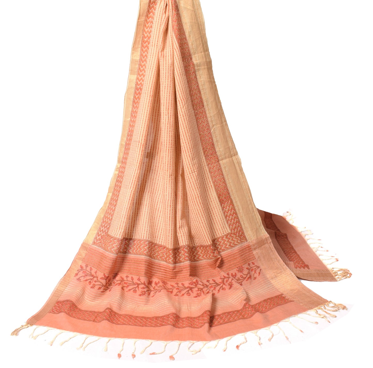 Sushila Vintage Peach Dupatta Pure Cotton Hand Block Print & Woven Long Stole
