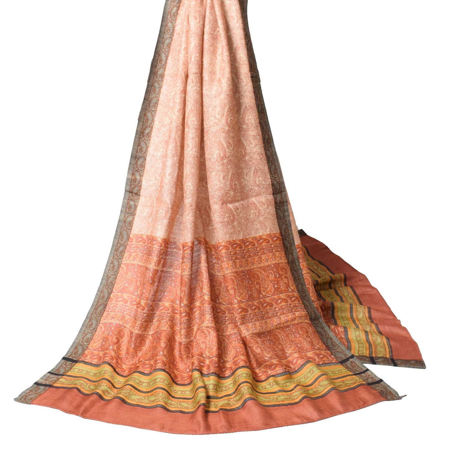 Sushila Vintage Pure Woolen Dupatta Paisley Printed Cream Soft Warm Long Stole