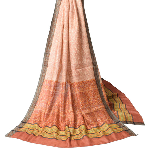 Sushila Vintage Pure Woolen Dupatta Paisley Printed Cream Soft Warm Long Stole