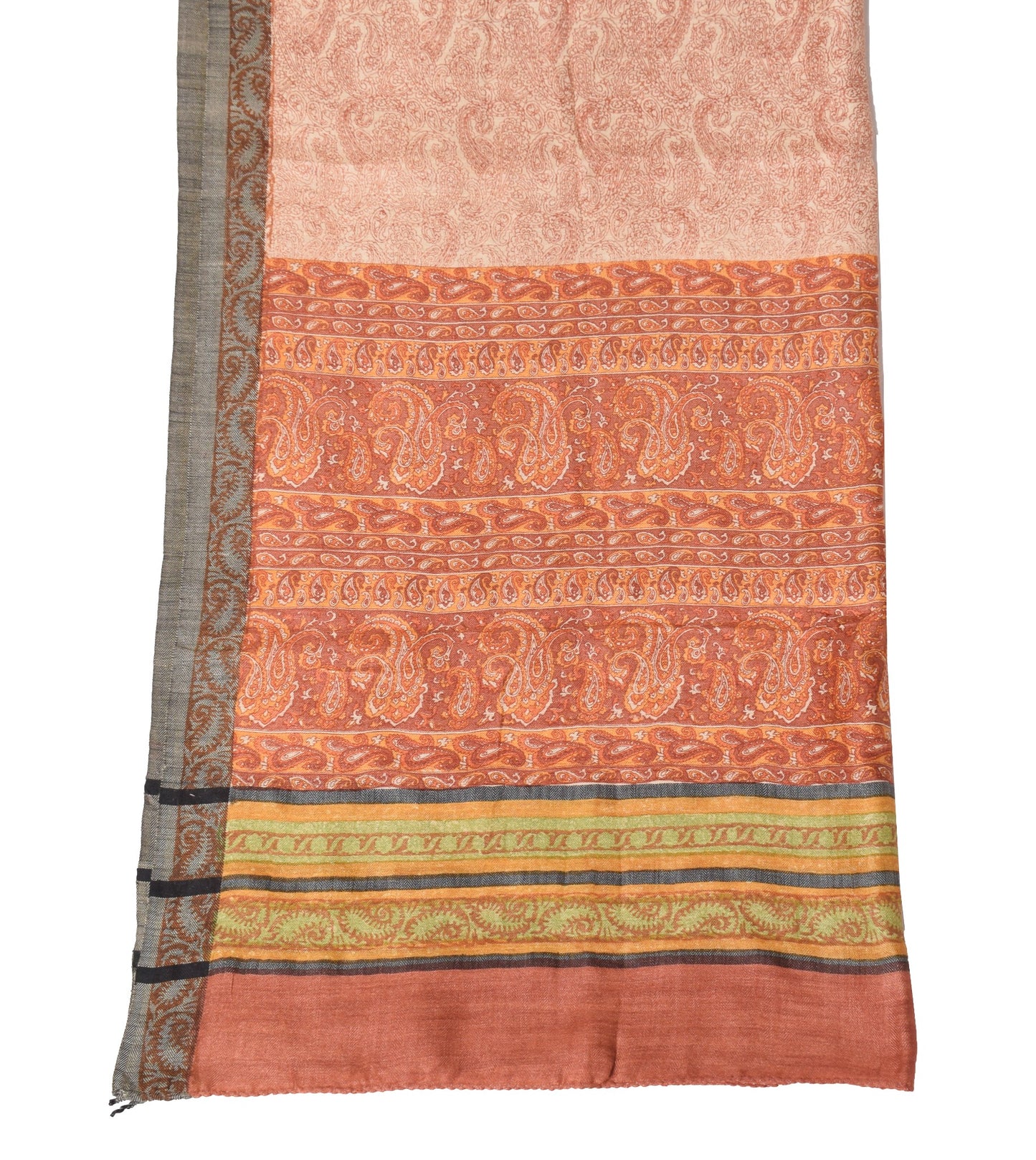 Sushila Vintage Pure Woolen Dupatta Paisley Printed Cream Soft Warm Long Stole