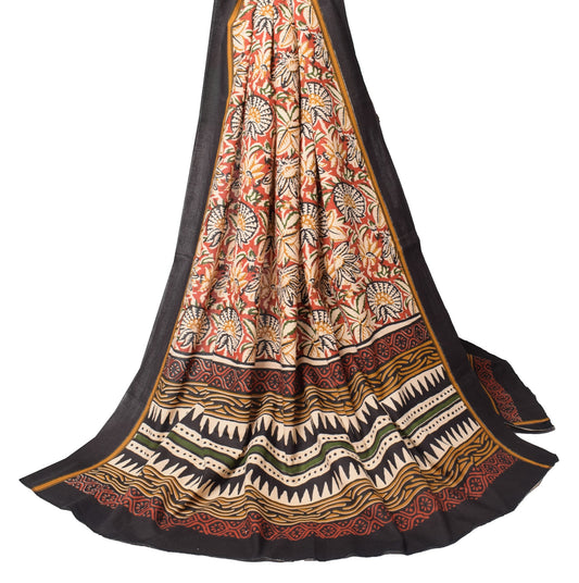 Sushila Vintage Kalamkari Printed Dupatta Pure Cotton Floral Brown Long Stole