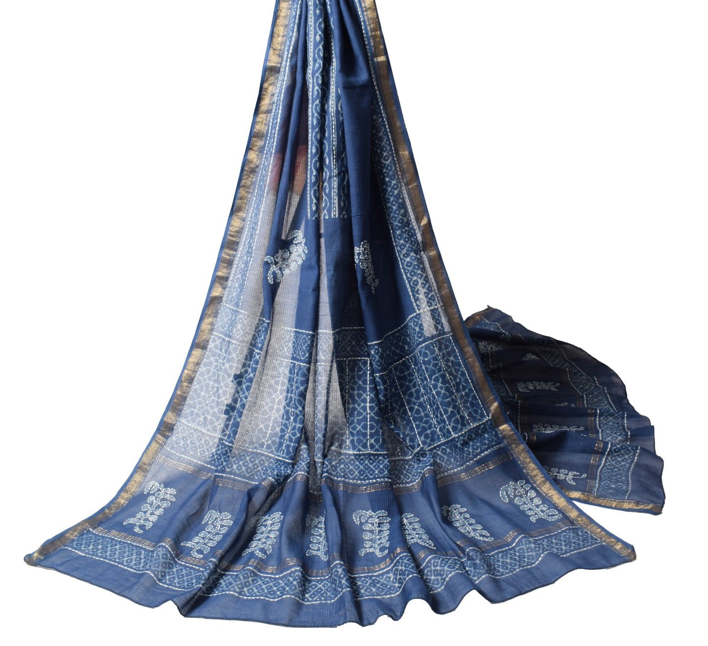 Sushila Vintage Blue Pure Cotton Dupatta Batik Print Hand Embroidered Long Stole