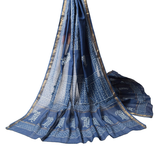 Sushila Vintage Blue Pure Cotton Dupatta Batik Print Hand Embroidered Long Stole